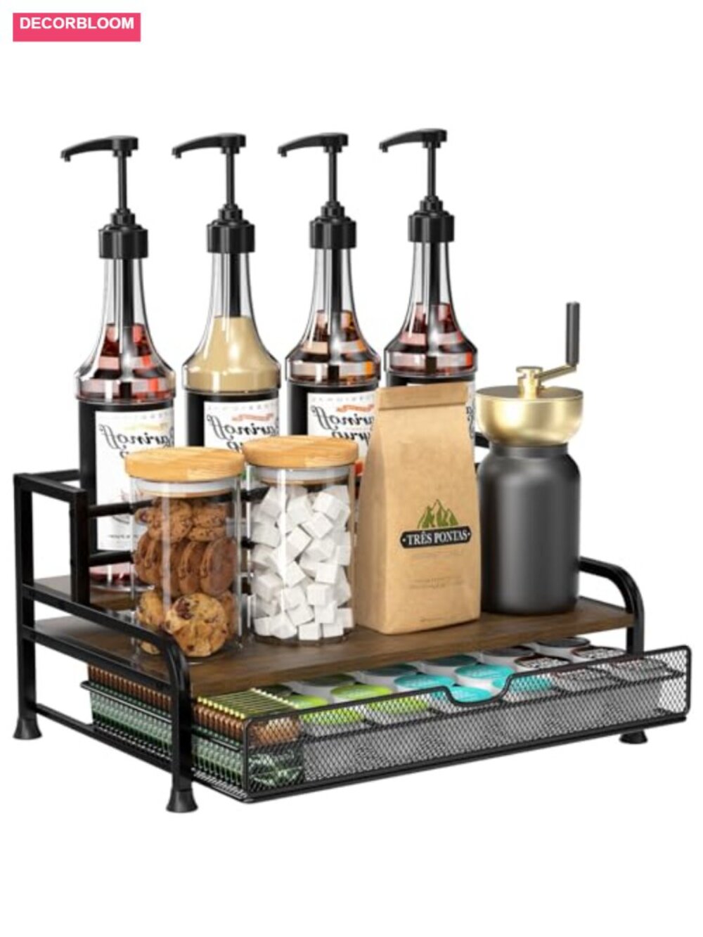 3-Tier Coffee Syrup Rack Organizer Metal Wood 35 K-Cup Drawer